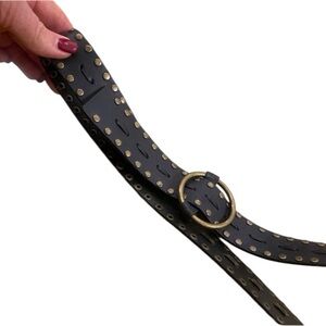 Women’s Belt Leather Espresso Brown Black  Brass Stud Accents Adjustable M-L